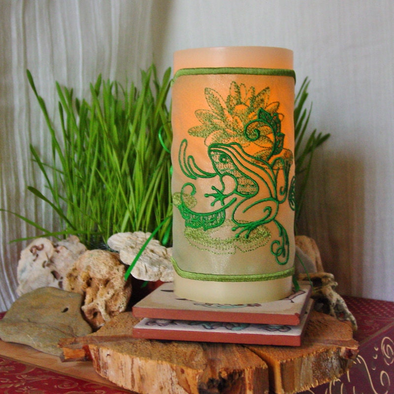 Frog and Water Lily Embroidered Candle Wrap Only.
