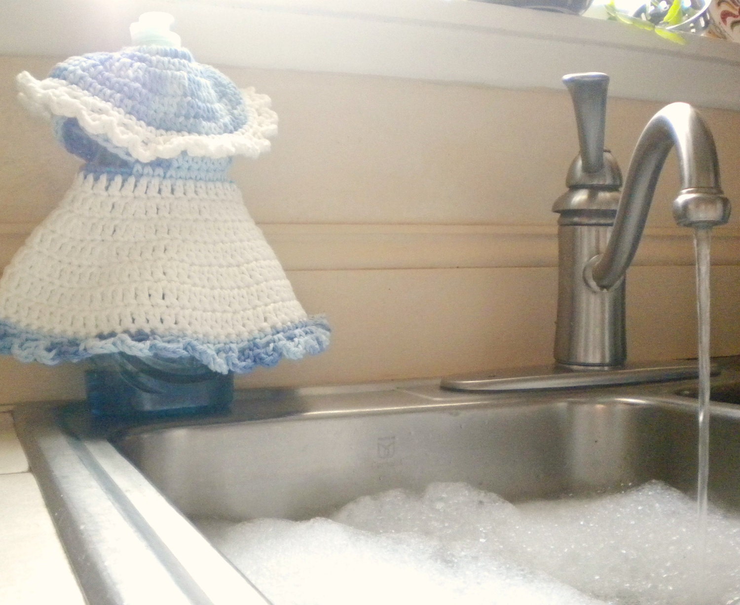 Crochet Cotton Household Prairie Dress in Dusk Blue - Dish Soap Cover and Washcloth in Cornflower and Sky Blue