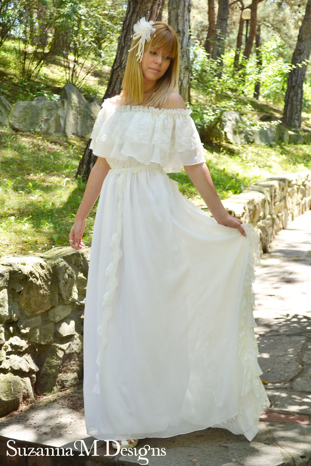 Lace Ivory Wedding Dress Vintage Bohemian Gown / Long Wedding Dress- Handmade by SuzannaMDesigns