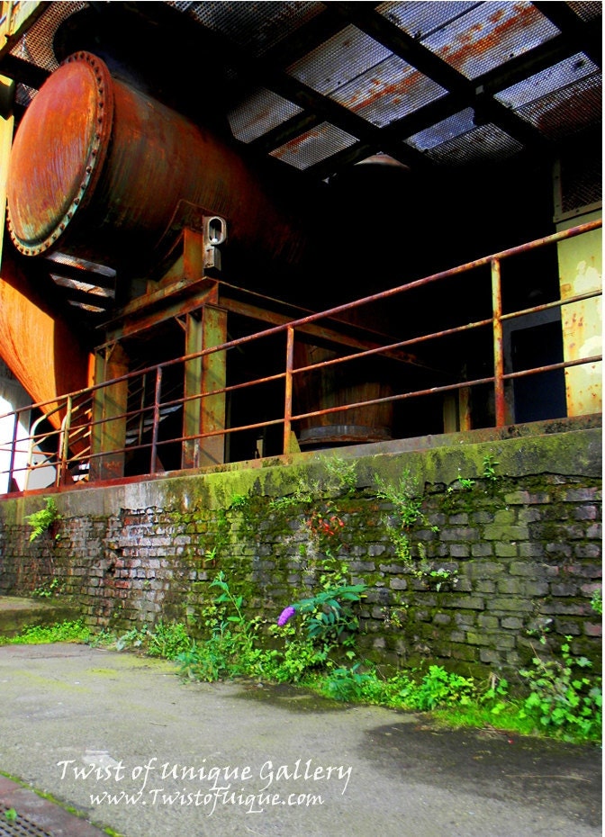 Industrial ruins photography- Urban Landscape photography - Nature and city photography, Prints and wall art - Green, Red, grey, Orange,