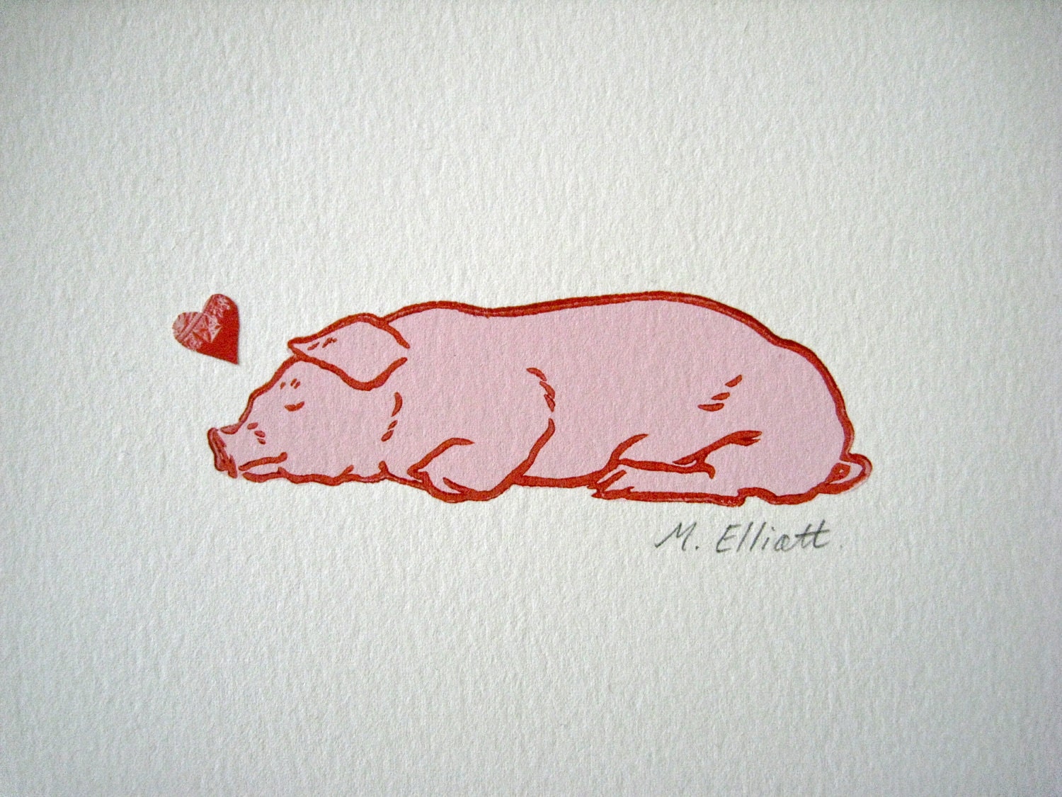 SLEEPING LITTLE PIG - original hand printed linocut & vintage postage stamp collage