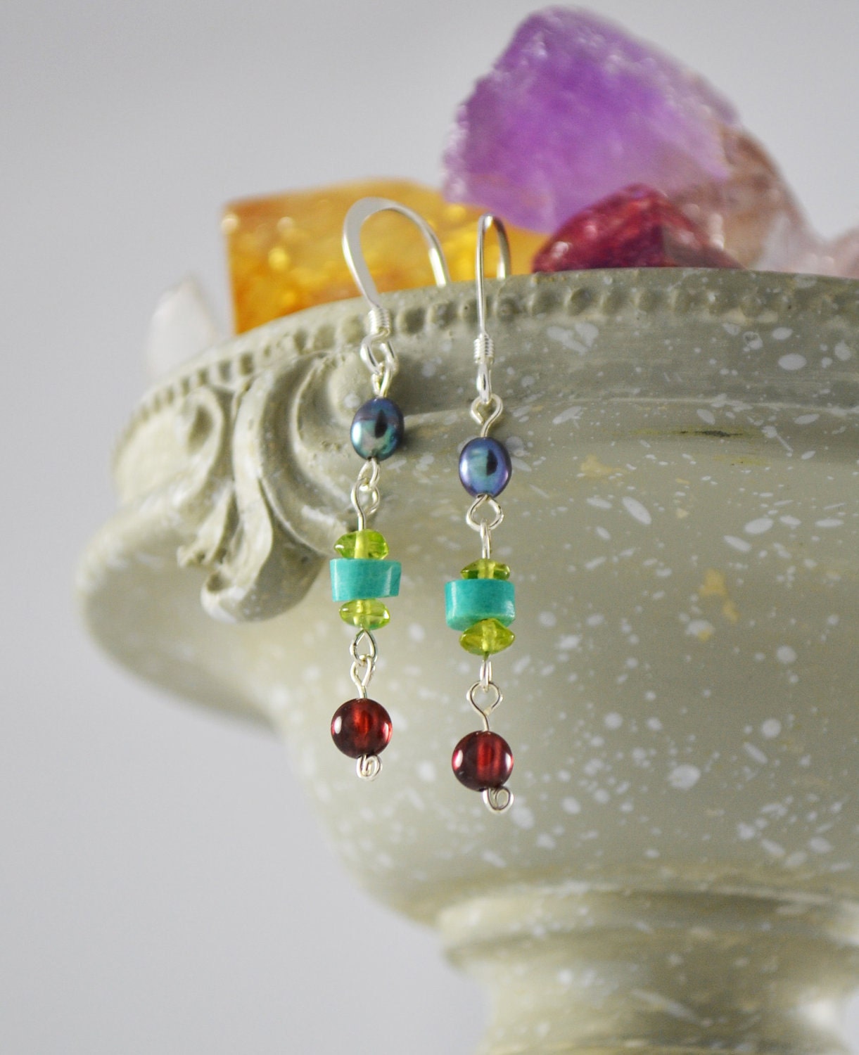 CLOSING SALE 10% OFF Turquoise Garnet Peridot and Pearl Earrings, Sterling Silver Earrings, Boho Gemstone Earrings