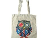 Owl cotton tote bag, vintage fabric and button design
