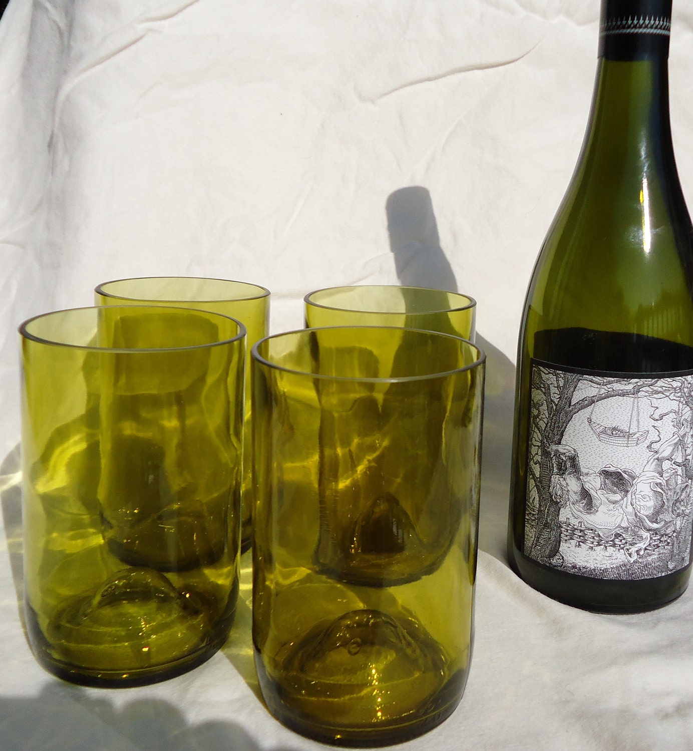 Upcycled Wine Bottle Glasses made from Recycled Yellow Wine Bottles 12oz Set of 4