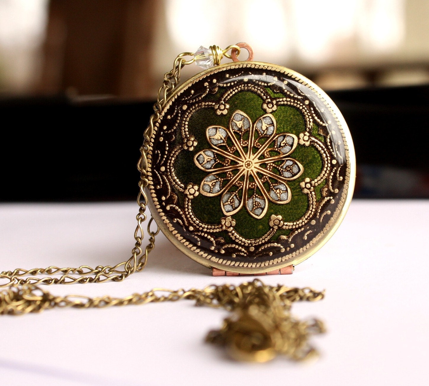 Wedding Locket / Olive Green / Round Brass Upcycled Vintage Locket / Bridal Jewelry / Spring Wedding / Mourning Locket