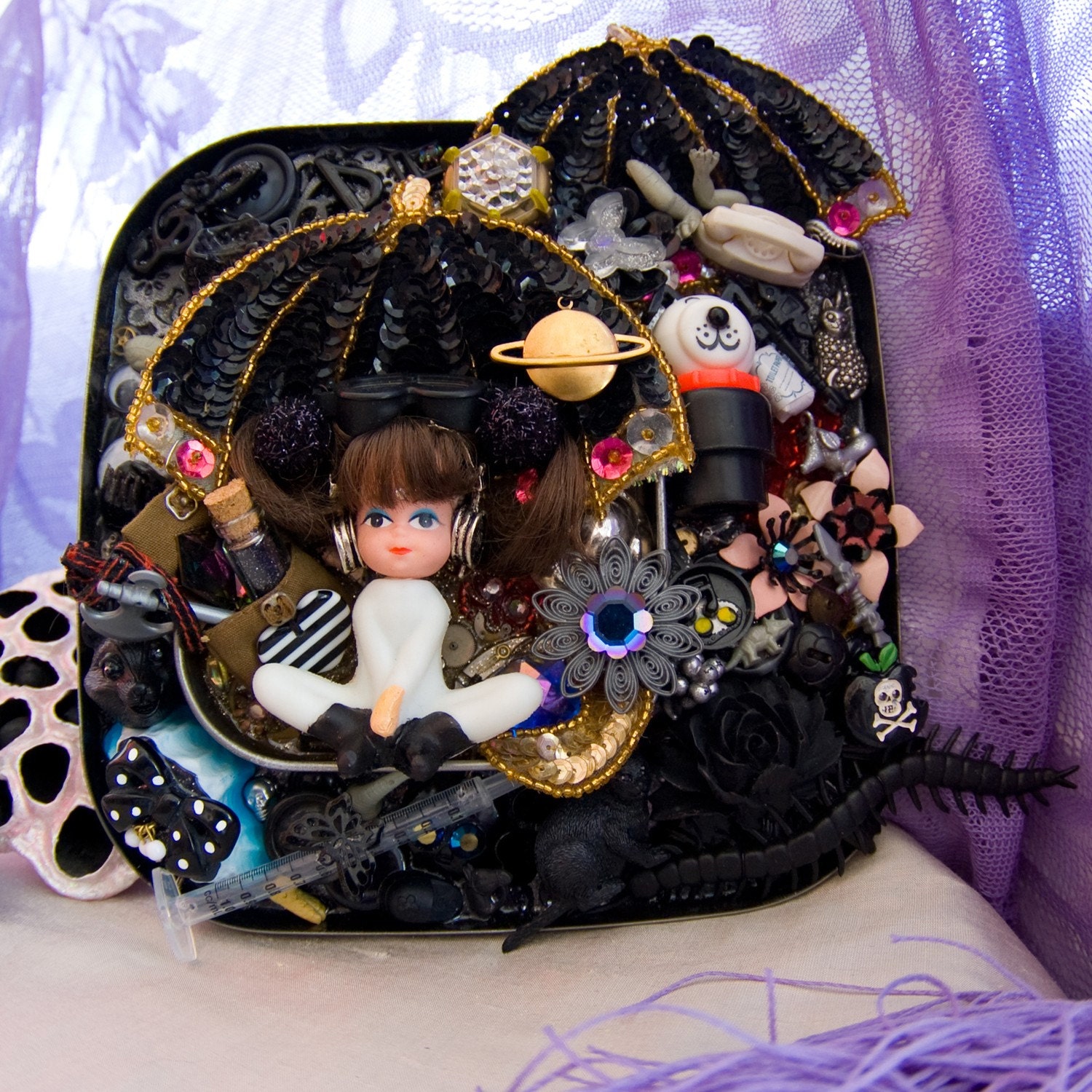 doll assemblage art. cat eye nebula by elfmadchen.