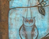 Blue Owl...5 x 7 print...from original mixed media painting and collage by Kandy Myny Blue Bird Blue Owl Tree Branch