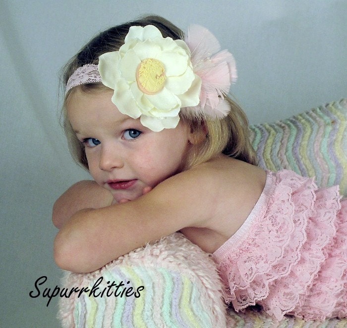 PInk Baby Flower Headband - Vintage Lace Cameo Toddler/Girl Headband - Pink & Cream Baby Flower Headband Fascinator Photo Prop/Pageant