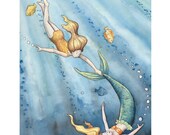 Mermaid Friend: Nursery Art Print - Children's Art - Girl's Room - Home Decor - Mermaids - Sea - 8 x 10