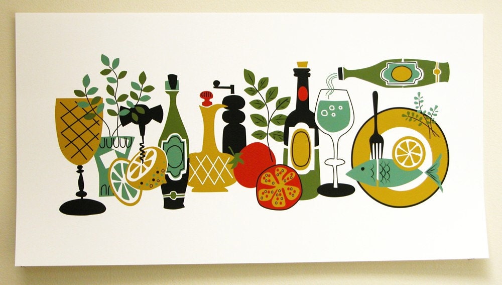 Retro Food and Wine Art Print Landscape Format Original Illustration Reproduction