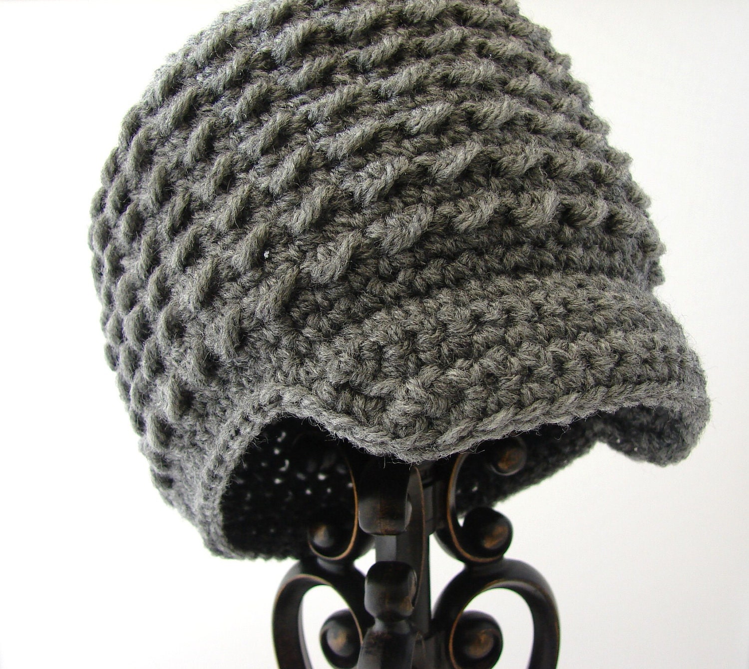 Little Boys Hats, Crochet Gray Newsboy Hat, Infant Boy eBeanie, Soft-Brimmed Visor, MADE TO ORDER, Children Clothing