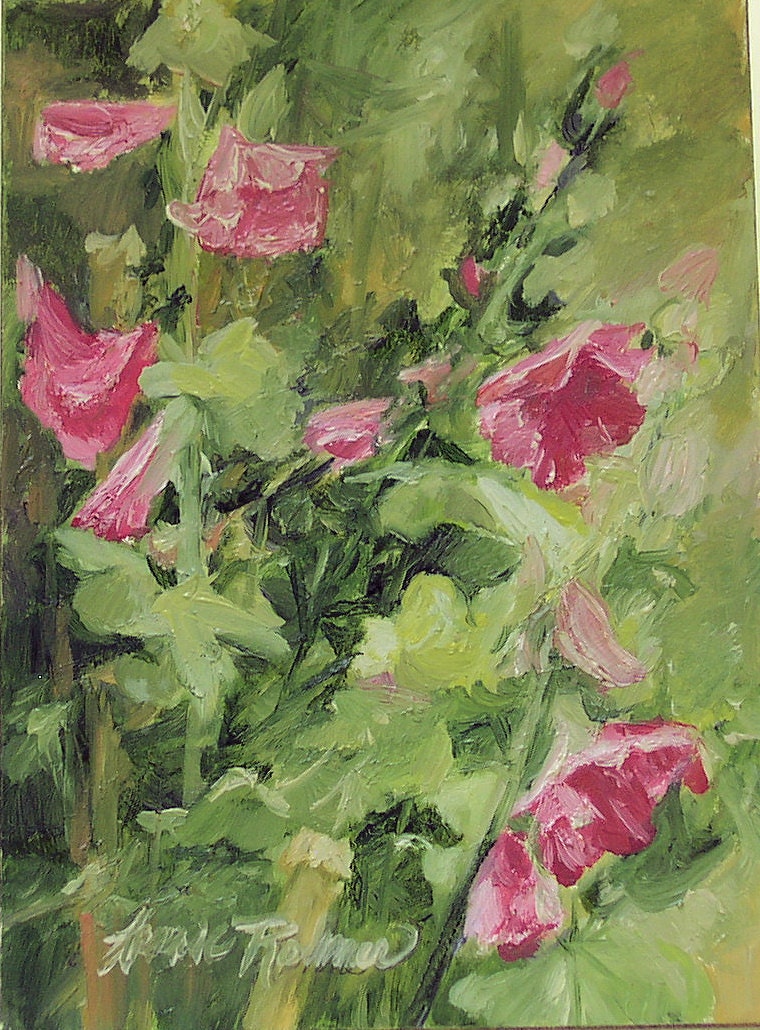 Hollyhock Oil Painting Botanical Garden Flowers Original Artwork by Laurie Rohner