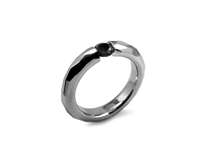Black Diamond Tension Set Mens Ring Hammered Stainless Steel Mounting