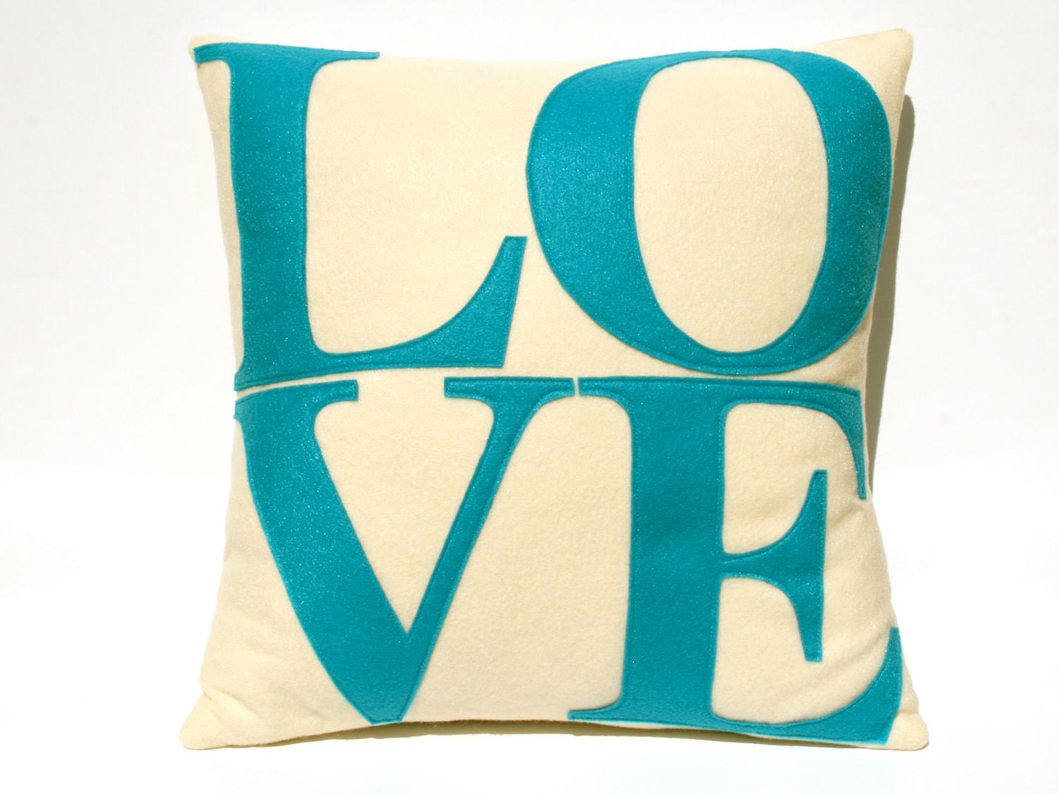 Peacock Love throw Pillow Cover Appliqued Eco-Felt  Aqua on Antique White - 18 inches