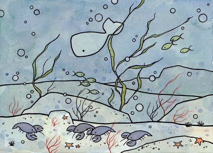 Lobsters underwater whale illustration print 8x10