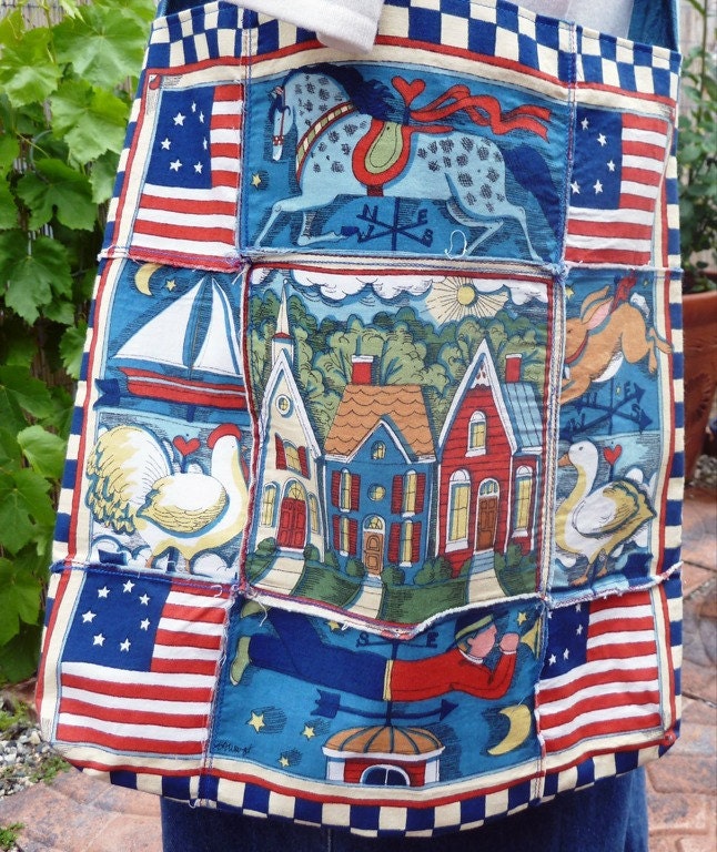 Tote Bag - Red, White, Blue - Cross Body Boho - Primitive Americana Stars and Stripes