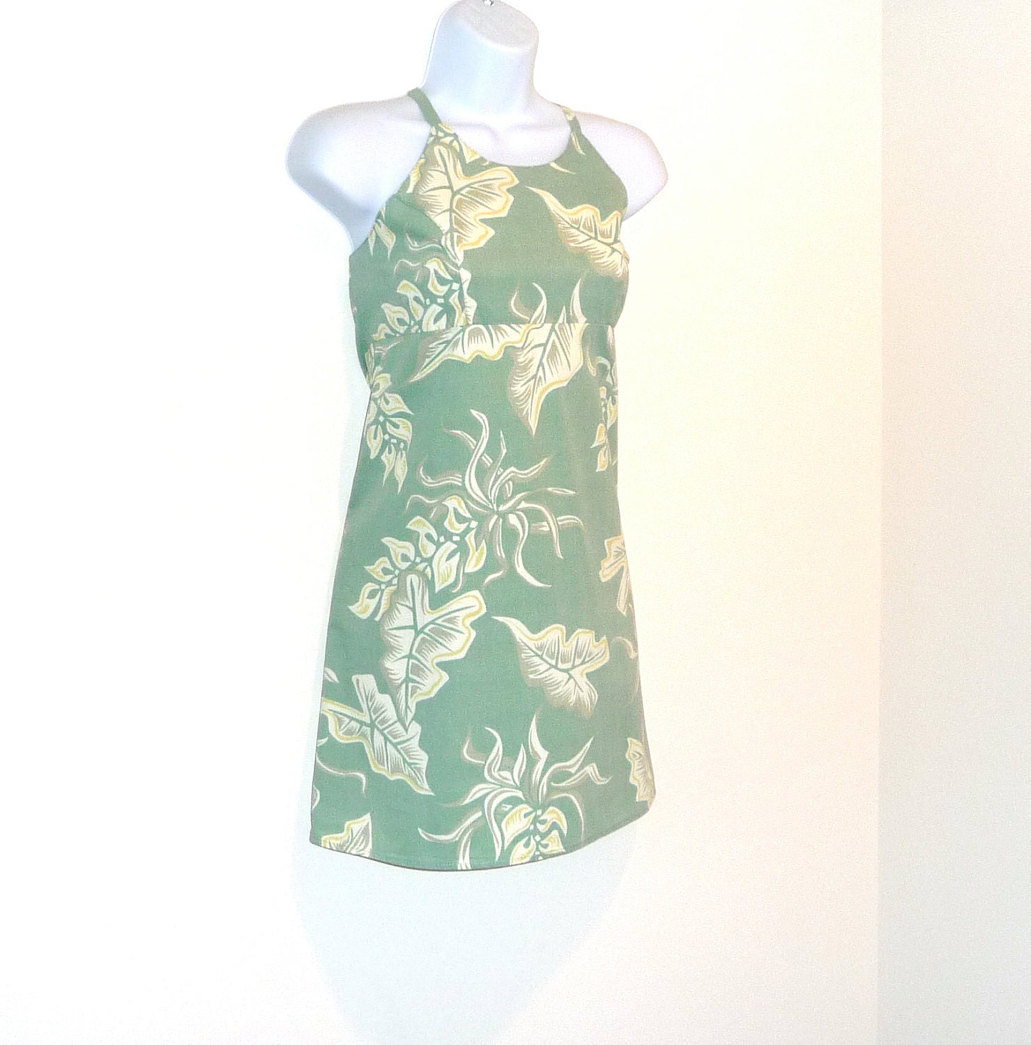 Size Medium - Festival - Mini - Hawaiian - Green - Sage - Leaf - Resort - Island - Preppy - Cotton - Sundress - Retro - Surfer - Holiday