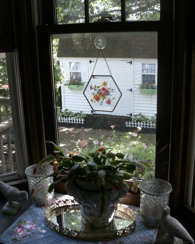 Vintage floral suncatcher. Shabby cottage summer garden flowers, roses for your window year-round. STUNNING beveled hexagon sun catcher.