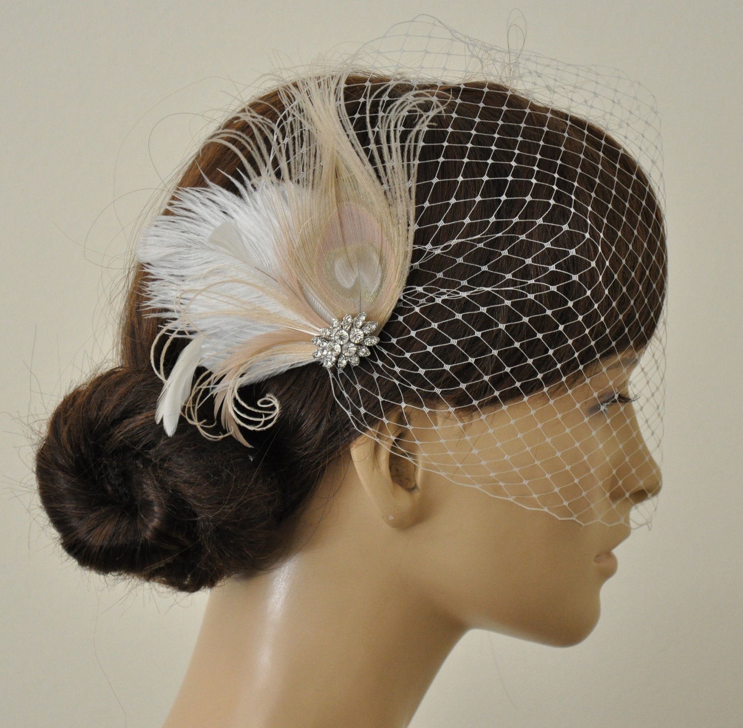 Birdcage Veil ,Champagne peacock ,Feathers Fascinator,(2 ITEMS),Champagne  bridal Feathers Fascinator, Hair Accessories,bridal head piece,
