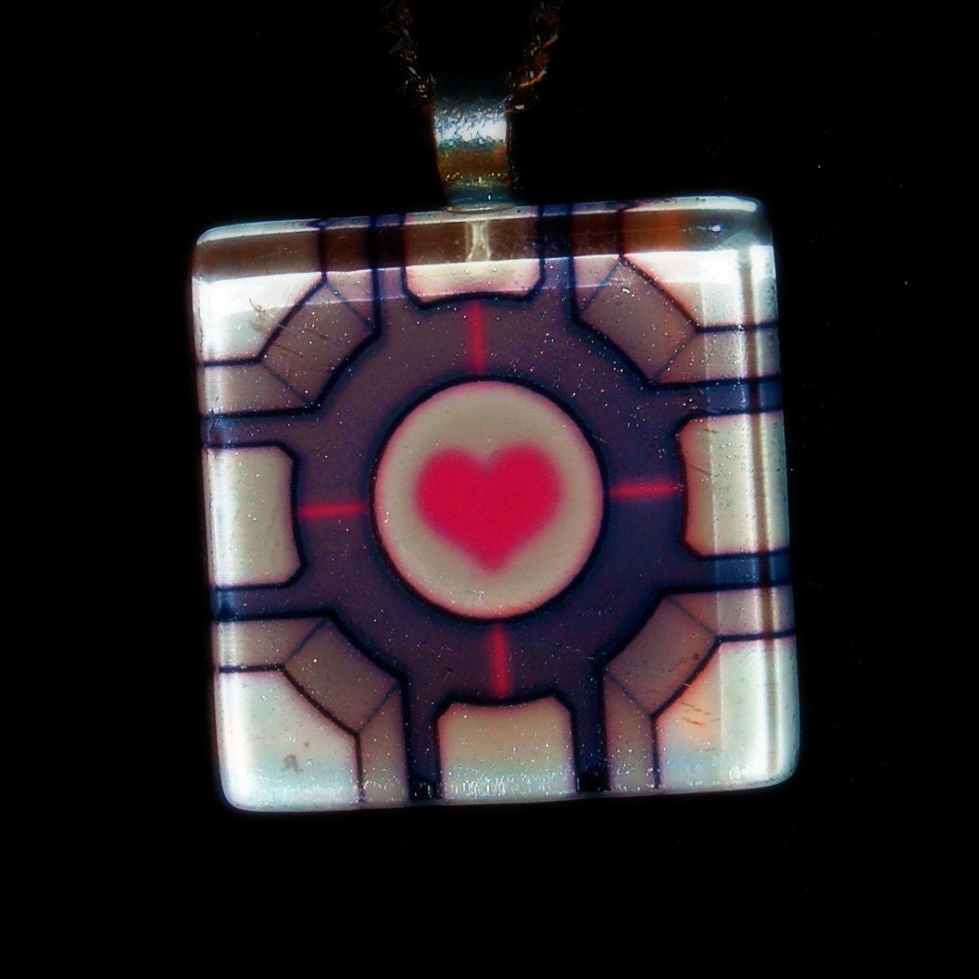 Original Companion Cube, Valentine's Day Love, Nerd/Geek Portal Glass Necklace