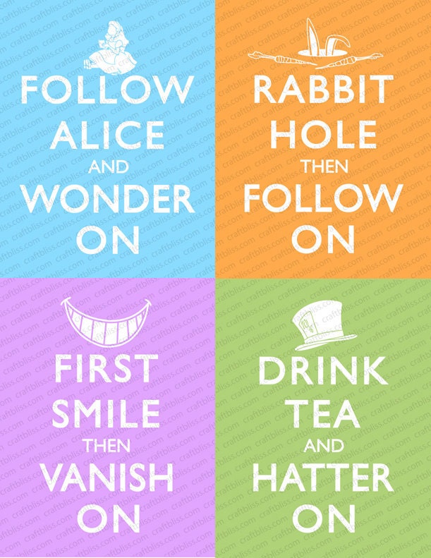 All 4 Decorative Alice in Wonderland Keep Calm and Carry On Inspired Digital INSTANT Downloads Cheshire Cat Mad Hatter Rabbit
