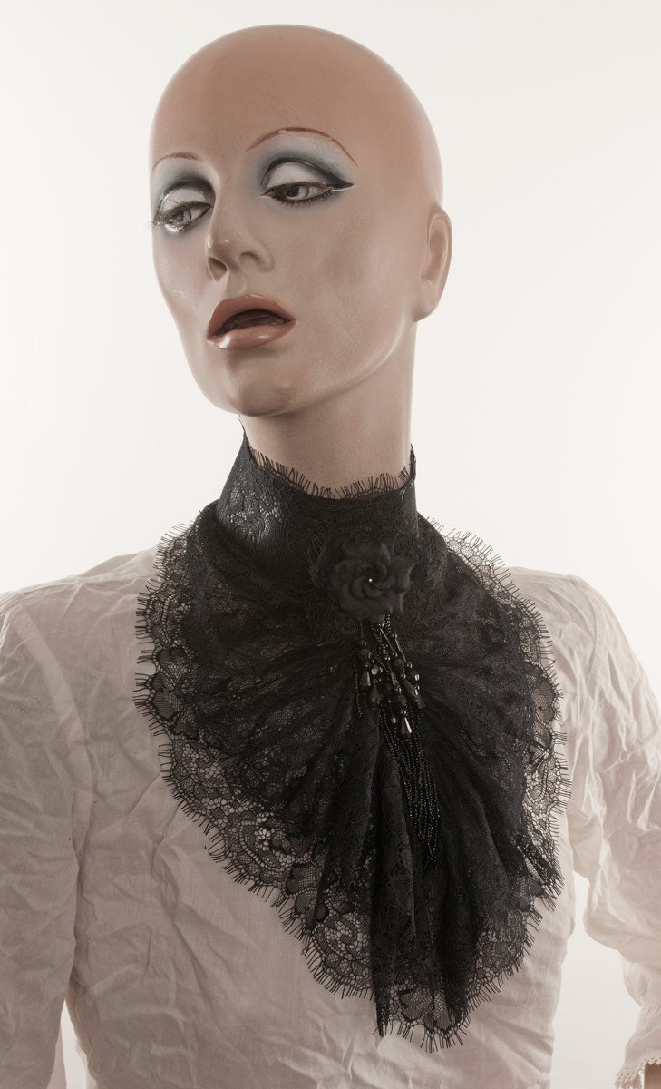 Lace Jabot Black eyelash lace Tall collar ruffled lace Beaded fringe and black rose Mourning steampunk Elegant gothic aristocrat