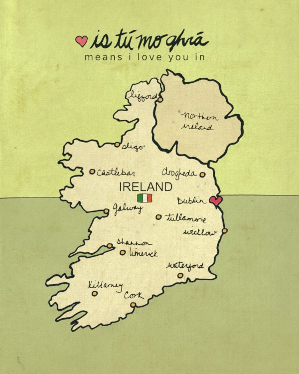 I Love You in Ireland 8x10 / Typography Poster, Irish Map, Giclee, Modern Baby Nursery Decor, Illustration, European Travel Theme, Digital