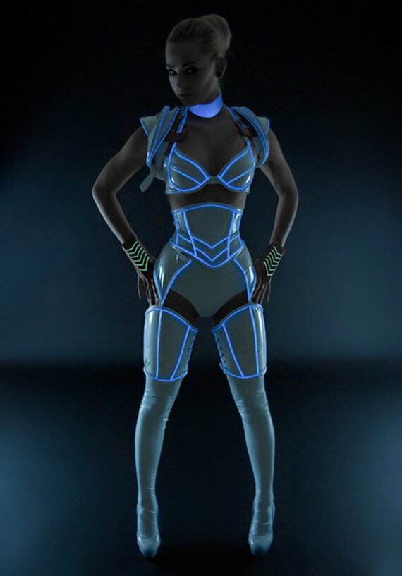 White PVC with luminescent icy blue glowing trim underbust corset from Artifice XS 20.5" for a 24-26" waist (photoshoot sample)