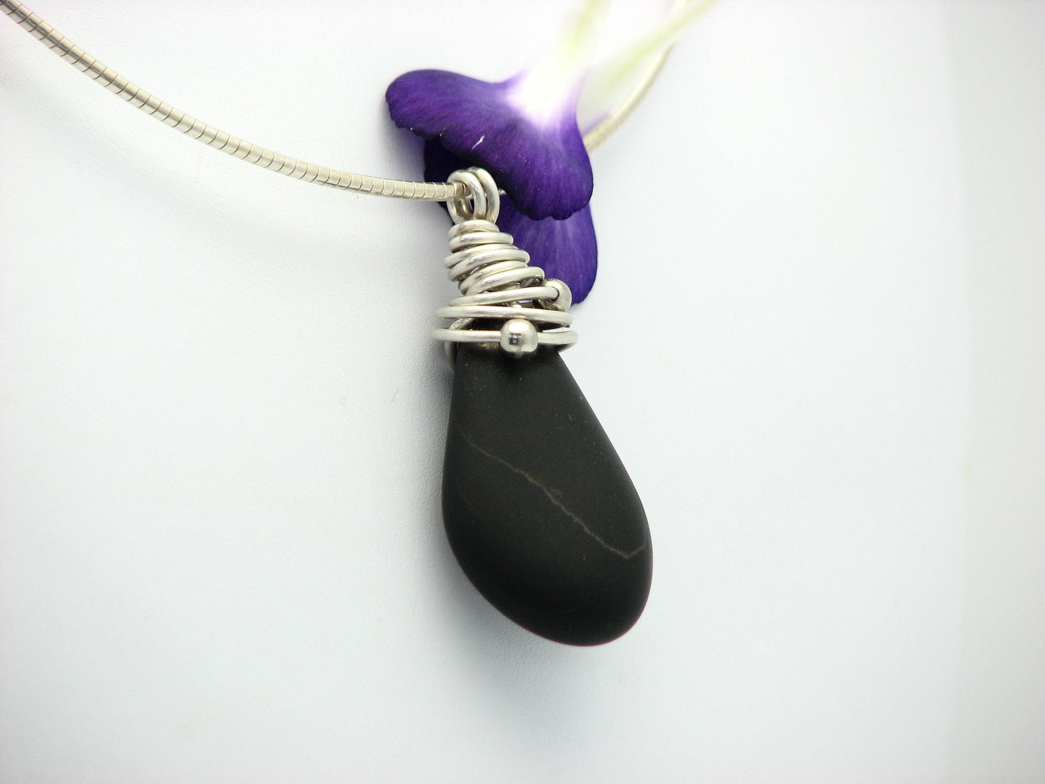Wire Wrapped Jewelry Handmade Beach Stone Necklace Black/Ebony Stone  Sterling Silver "Tear of Nature"
