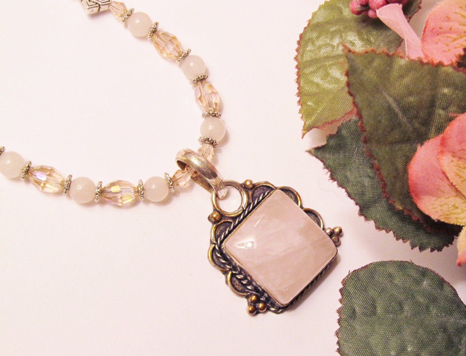 Rose Quartz Pendant on Pink Jade and Crystal Necklace