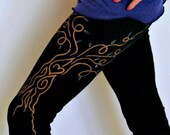 Yoga Pants Black LARGE Hand Painted, Womens Yoga Clothing Custom- Choose your design: Peacock, Tree of Life, Om, Henna, Lotus