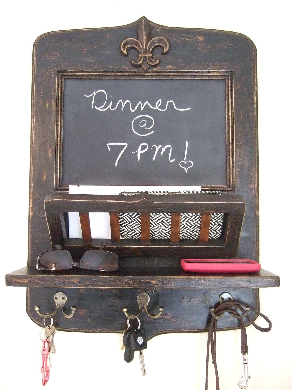 The Parisian Home Metro - Black Vintage Style Chalkboard, Mail Basket and Key Hooks