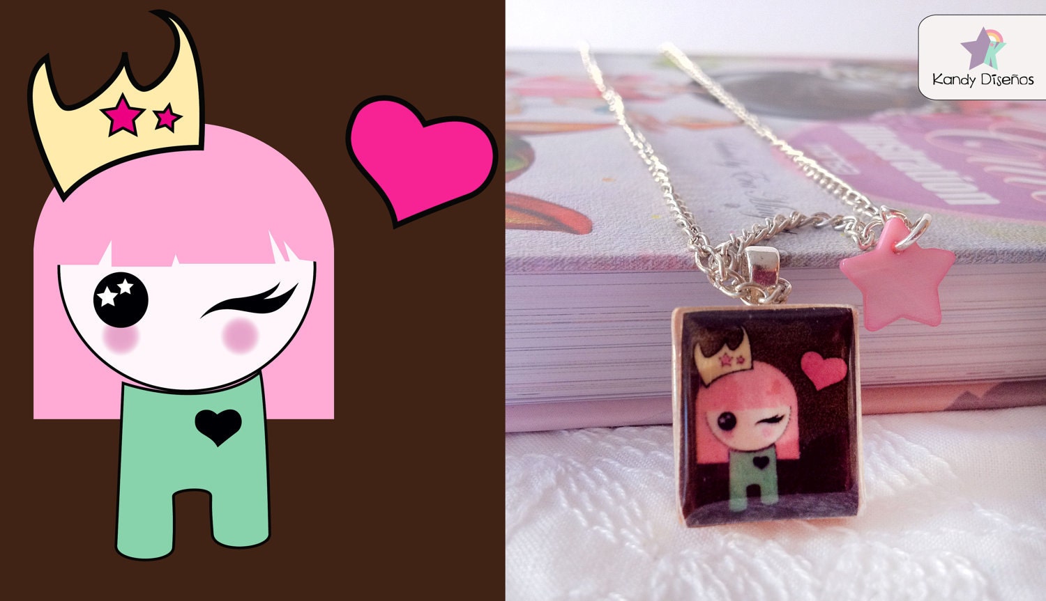 Princess Scrabble Necklace. Pink Star Necklace. Queen Princess. Pixie Fairy. Shell wood necklace
