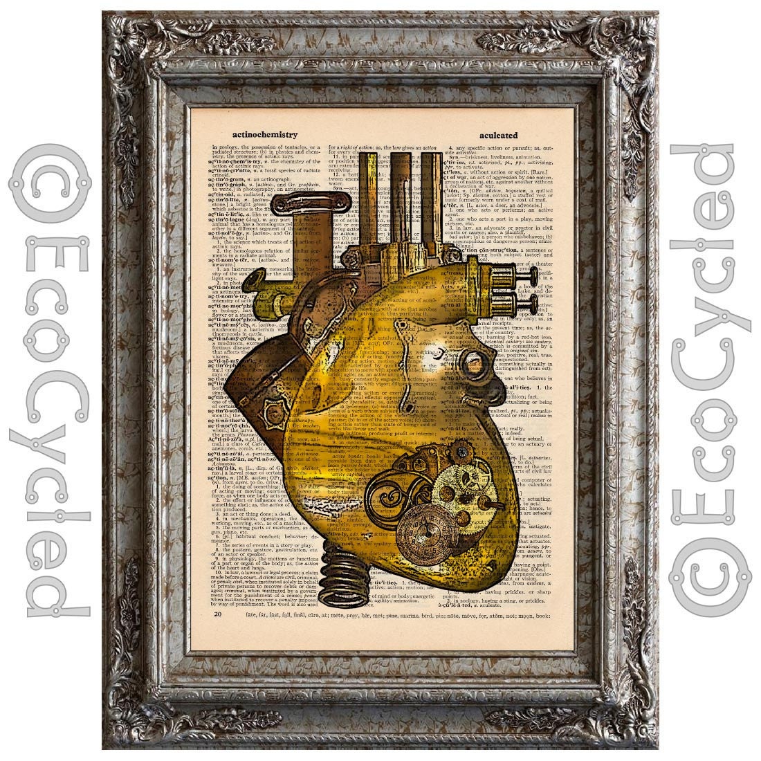 Anatomical Steampunk Heart on Vintage Upcycled Dictionary Page Book Art Print Recycled Repurposed