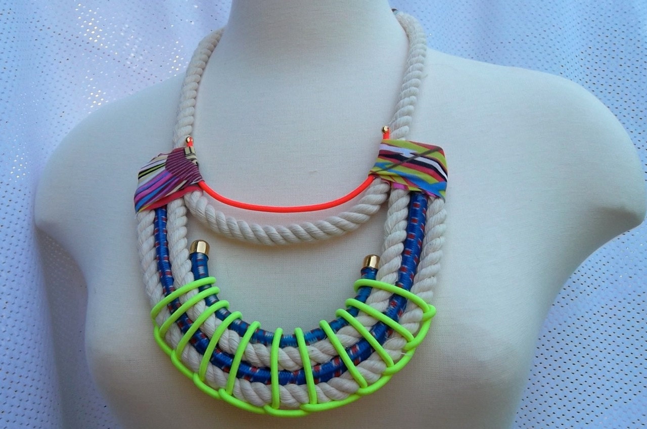 Neon Aztec Necklace Collar,  Cotton Twisted Nautical Rope with Neon Red and yellow weave, bungee cord and gold-plated findings, OOAK