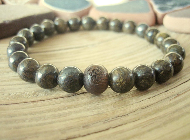 Mens Bead Bracelet - Brown Yoga Bracelet with Sandalwood Om Mala Bead and Bronzite, Engraved Wood Sanskrit Spiritual Symbol