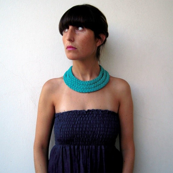 The triple braid necklace - handmade in emerald fabric
