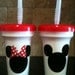 13 Minnie and 12 Mickey Mouse party favor cups with red lid and clear straw