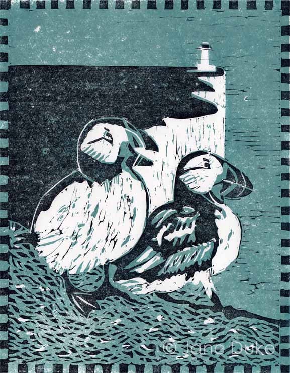 Puffins Linocut Relief Print Teal and Black Handpulled Unframed