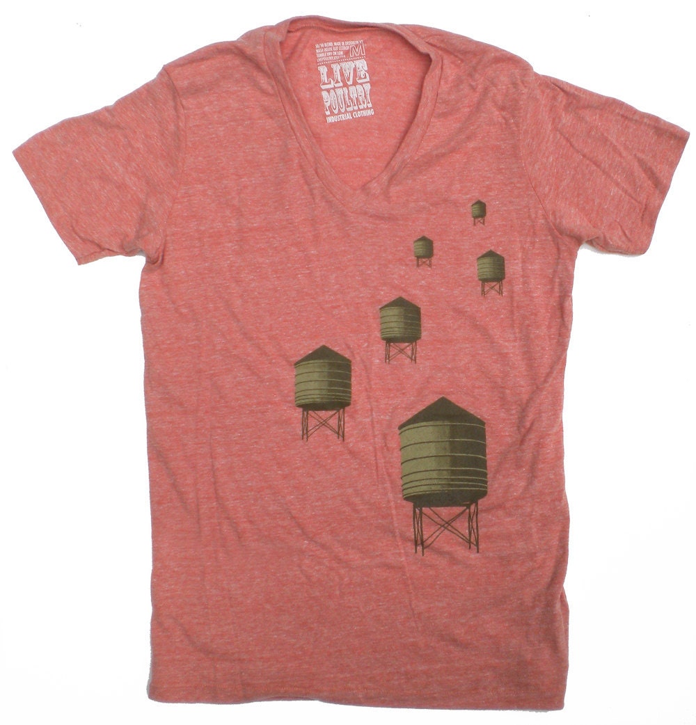 Unisex V-Neck T-Shirt of NYC Water Towers in Orange Heather - XS, S, M, L, XL