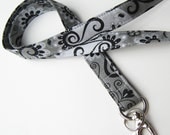 Fabric Lanyard - ID Badge and Key Ring  in Stylish Black, Silver and Greys