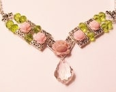 Pink Baroque Crystal Pendant Surrounded by Pink Roses, Spring Green Crystals and Pearls in this Wonderful Spring Necklace