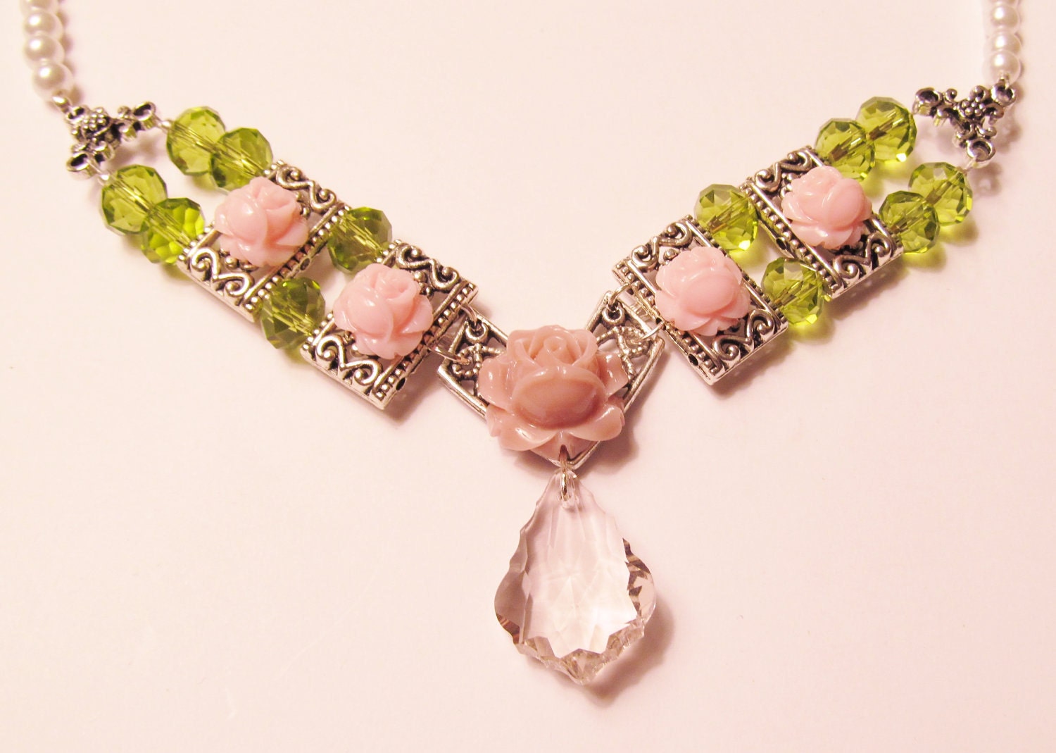 Pink Baroque Crystal Pendant Surrounded by Pink Roses, Spring Green Crystals and Pearls in this Wonderful Spring Necklace