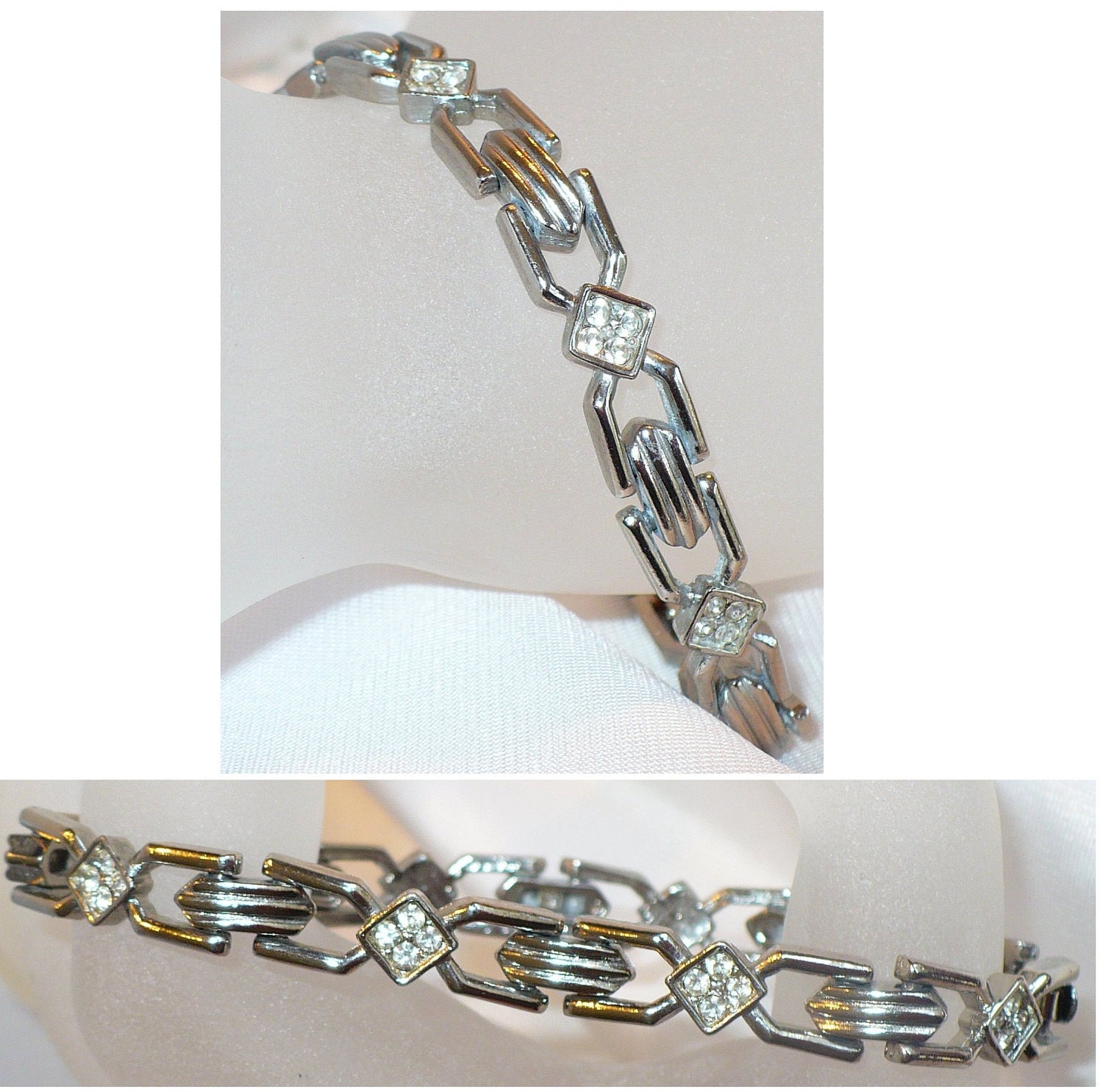 Vintage Rhinestone Bracelet, Squares of Pavé Sparkle, Diamond-Like