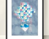 GEOMETRIC Art Print, Balloon Valentine's Day, Geometric A3 Poster. Hot Air Balloon cloudy sky background. Typography, colorful triangles