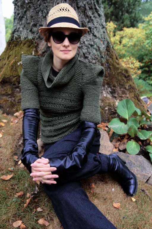 Hand knit SPRING/SUMMER olive green military elegant women fall fashion sweater modern triangle origami forest green winter /Khaki Chic 2/