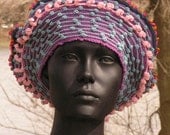Soft Blue Crochet Hat with Little Bubble Pink Threads with a Soft Blue Fabric Pin...
