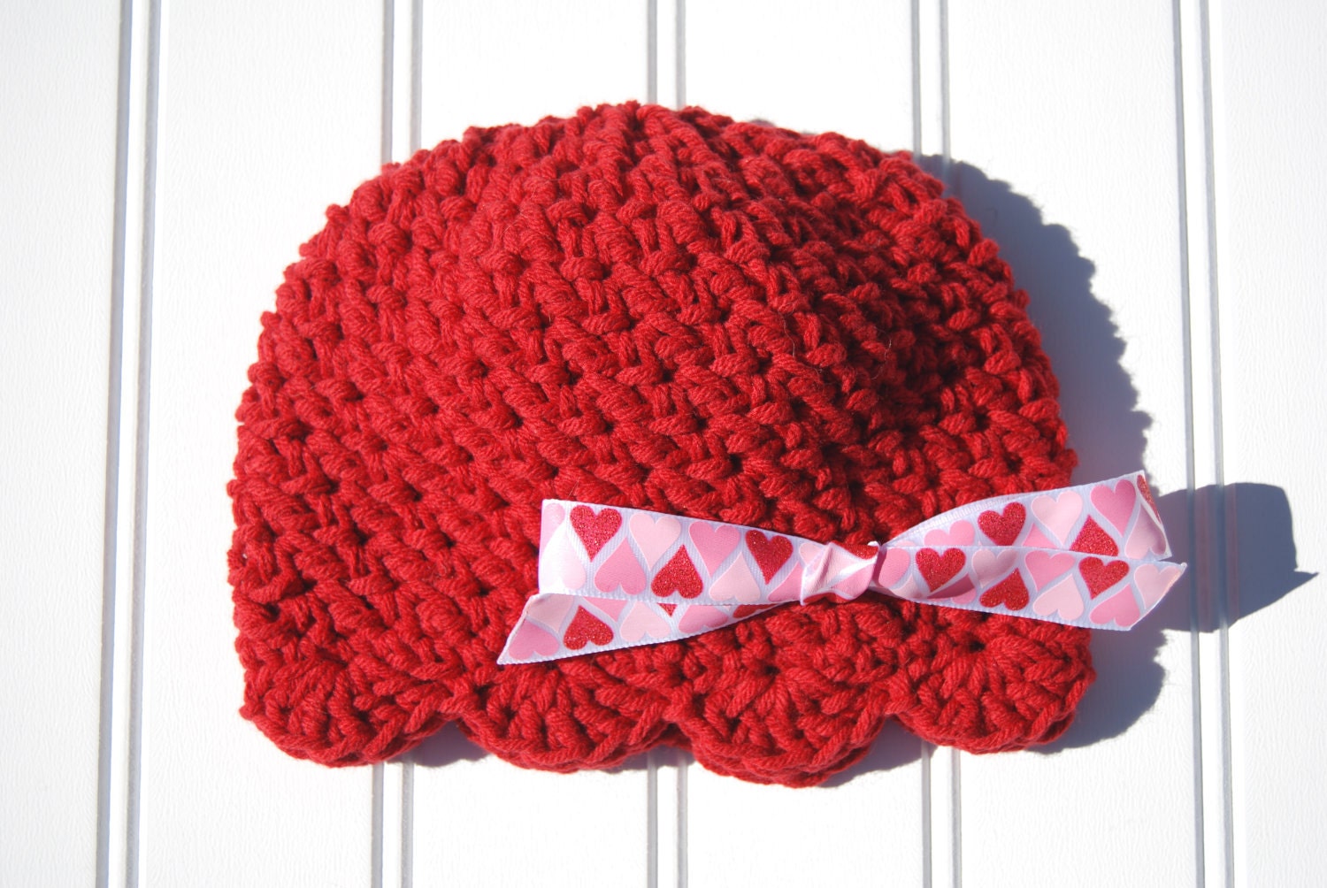Valentine's Day Beanie Hat, Red Crochet with Red Pink Heart Print Bow, 12 Month to 3 Year Size (Item 831)
