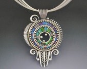 Silver pendant necklace with iridescent mosaic inlay polymer clay sterling strand chain
