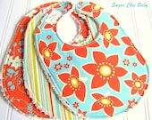 Gender Neutral Baby Bibs  -  Set of 3 Triple Layer Chenille - Aqua Blossom, Citrus Stripe and Orange Blossom